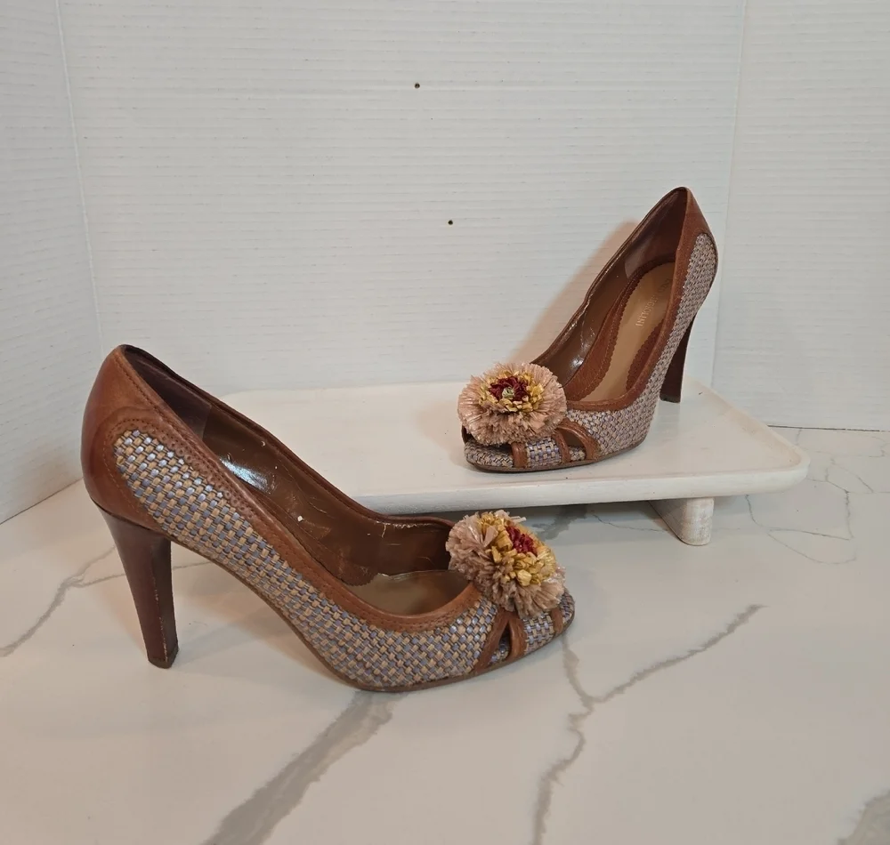 Enzo Angiolini Floral Weave Leather Peep Toe Fairycore Boho Heels Brown Blue 8.5